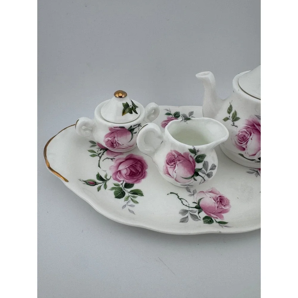 Vintage Crown Victorian Childs Small Bone China Tea Set Creamer Sugar Pot & Tray